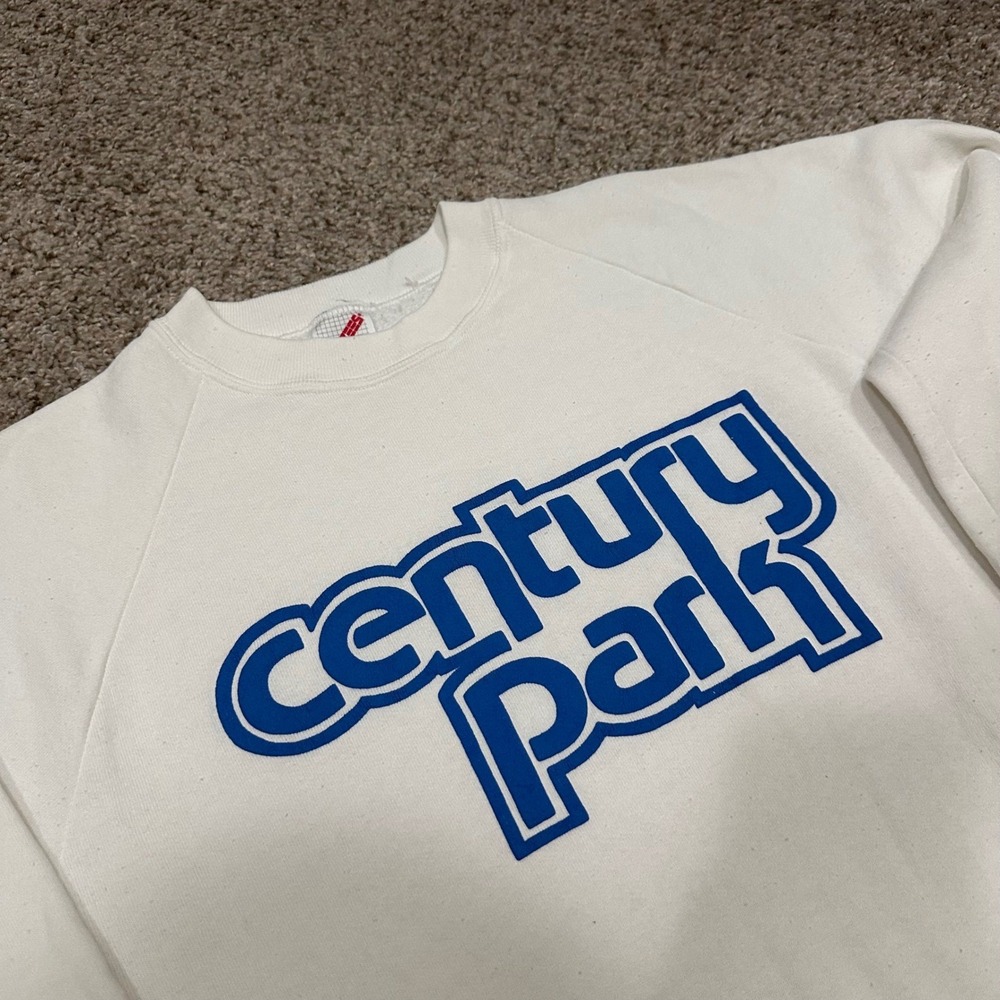 Vintage Jerzees Mens Sweatshirt Medium White Century Park Preowned Raglan - Picture 2 of 5